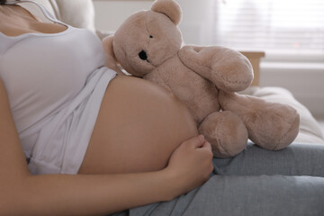 Poster - Young pregnant woman with toy bear at home, closeup