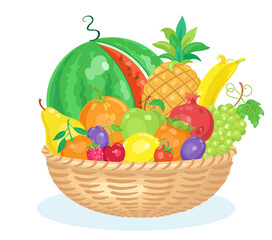 Poster - Fruit basket. Watermelon, pear, tangerine, strawberry, banana, apple, raspberry, persimmon, pineapple, orange, cherry, grape, plum, pomegranate, lemon. Isolated on white. Vector illustration.