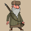 cartoon grandfather in winter clothes with a rifle behind his back