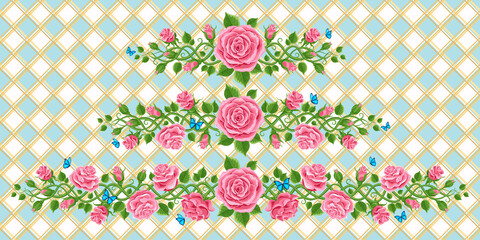 set of beautiful wreath of pink roses, leaves and bindweed.  Horizontal banner, vector illustration