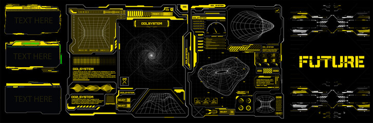Wall Mural - Abstract digital technology UI, UX Futuristic HUD, FUI, Virtual Interface. Callouts titles and frame in Sci- Fi style. Bar labels, info call box bars. Futuristic info boxes layout templates. Hologram
