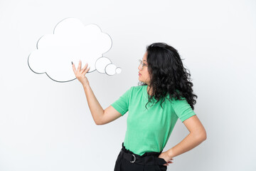 Young asian woman isolated on white background holding a thinking speech bubble