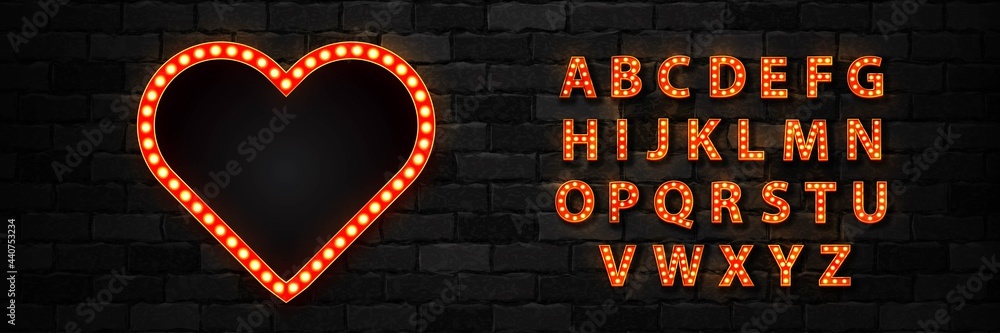 Vector realistic isolated marquee heart lightbox billboard with light bulb neon font for template decoration and invitation covering on the wall background. Concept of broadway and show. - obrazy, fototapety, plakaty 