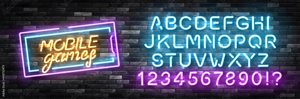 Vector realistic isolated neon sign of Mobile Games logo with easy to change color alphabet font for template decoration and branding on the wall background. Concept of cybersport and videogames. - obrazy, fototapety, plakaty 
