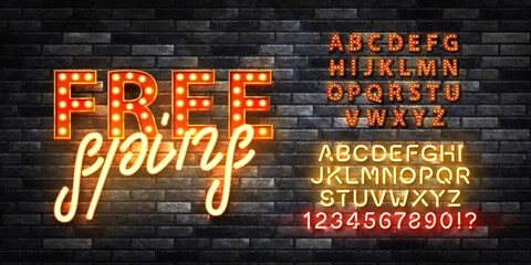 Wall Mural - Vector realistic isolated retro marquee billboard with electric light lamps and neon tubes of Free Slots logo with easy to change color alphabet font for invitation on the wall background.