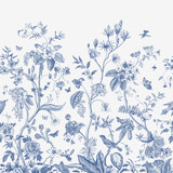 Fototapeta Storczyk - Mural. Bloom. Chinoiserie inspired. Vintage floral illustration. Blue and white