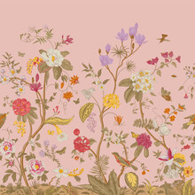 Mural. Bloom. Chinoiserie Inspired. Vintage Floral Illustration. Coral Colors