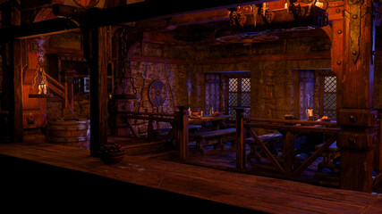 Aufkleber - 3D rendering of a medieval tavern with tables of food and drink lit by candles seen from behind the bar.