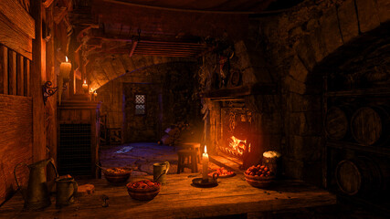 Poster - 3D illustration of a candlelit table in an old medieval inn with barrels of ale or wine and an open fireplace.