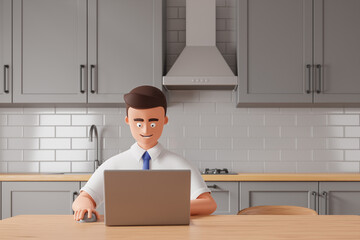 Wall Mural - Confident cartoon character businessman in white shirt and blue tie work with laptop at home kitchen.