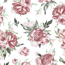 Watercolor Dusty Pink Floral Seamless Pattern For Fabric. Watercolor Peonies Pattern Repeat Floral Background For Apparel, Wallpaper, Wrapping Paper, Home Decor