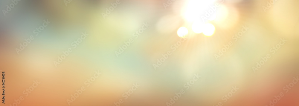 An autumn sunny blue sky with golden orange brown blurred foliage and blurred sun bokeh background. Illustration. - obrazy, fototapety, plakaty 