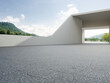 © MIRROR IMAGE STUDIO - Abstract architecture design of modern building. Empty parking area floor and concrete wall with mountain and blue sky lake view. 3D rendering background for car scene.