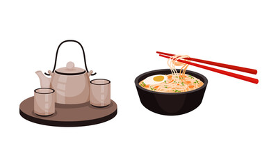 Wall Mural - Japan Symbols with Noodle Soup in Bowl and Served Tea Vector Set