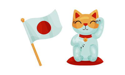 Wall Mural - Japan Symbols with Beckoning Cat and Flag on Pole Vector Set