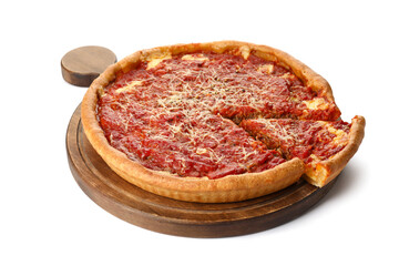 Board with tasty Chicago-style pizza on white background