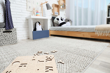 Poster - Montessori bedroom interior with floor bed and toys