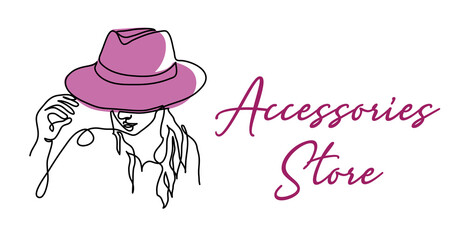 Wall Mural - Accessories store shop sign, signboard. Girl in hat one continuous line art drawing. Woman with headdress on her head