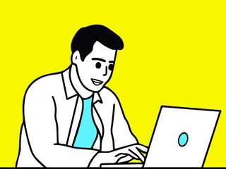 Wall Mural - business man looking at laptop screen, watching educational lecture seminar webinar online, studying