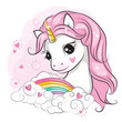 Portrait of little smiling unicorn with rainbow and clouds. Illustration for your design.