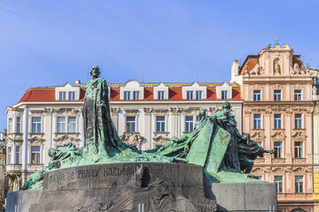 Wall Mural - Jan Hus Memorial in Old town square in Prague. Memorial unveiled to commemorate 500th anniversary of Jan Hus martyrdom. Prague, Czech Republic.