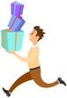 Hurrying running male character isolated on white background. Late on job or holiday, time management and deadline. Man in hurry runs with gift boxes. Joyful guy quickly carries boxes with presents