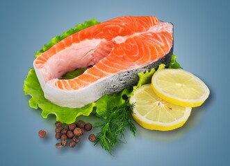 Sticker - Fresh raw salmon fillet with greens and spices.