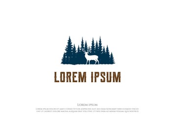 Wall Mural - Pine Cedar Conifer Evergreen Fir Spruce Hemlock Larch Cypress Trees Forest with Deer Antler Reindeer Elk for Wilderness Adventure or Hunting Logo Design Vector