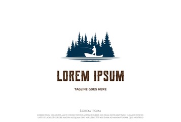 Wall Mural - Pine Cedar Conifer Coniferous Evergreen Fir Larch Cypress Hemlock Tress Forest with Angler Man Boat Fishing Outdoor Adventure Logo Design Vector