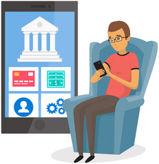 Wall Mural - businessman is using program for banking. man transferring funds online . male character is making t