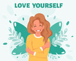 © Amahce - Love yourself concept. Woman hugging herself. Vector illustration