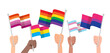 Hands with LGBTQ flag isolated on white background. Protesters, descrimination, human rights concept. LGBTQ community, pride month.   Vector stock