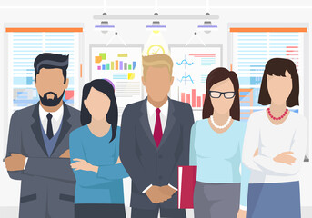 Wall Mural - Business team ready to work. Teamwork. Coworkers characters communication. Team building and business partnership. Businessmen people cooperation collaboration. Office workers clerks standing together