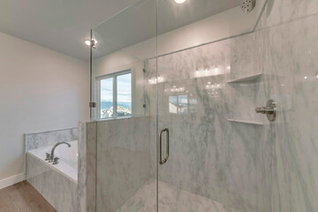 Wall Mural - Modern bathroom with a shower cabin, bathtub and a window