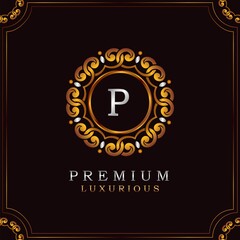 Wall Mural - Golden Premium Luxury Mandala Badge Letter P Logo Design. Elegance Ornate Decoration Mandala Badge On Golden Frame .