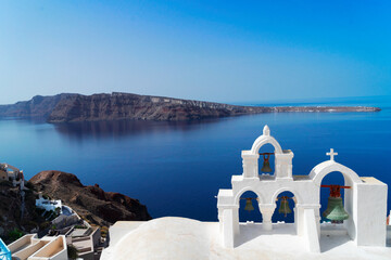 white belfry, Santorini island, Greece