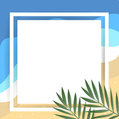 Wall Mural - Paper frame with palm leaves on with sandy beach and sea in Summer session,isolated on white background, Vector illustration EPS 10