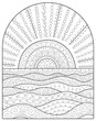 Hand drawing coloring page for kids and adults. Wild nature, sun,  meadow, field, sea. Beautiful drawing with patterns and small details. Coloring book pictures. Vector