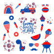  Independence day patriotic illustrations set. Cute vector prints for 4th of July. Independence day design elements in the colors of the US national flag.