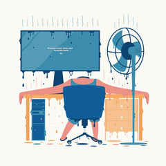 A person working in a warm place at a computer using a fan at home or in the office. Vector illustration.