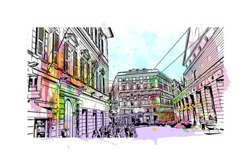 Building view with landmark of Genoa is the 
city in Italy. Watercolor splash with hand drawn sketch illustration in vector.