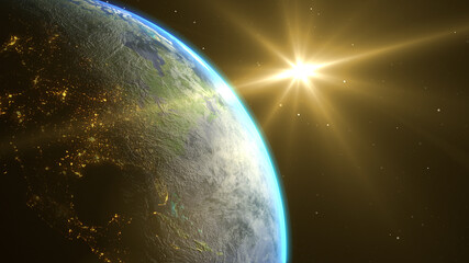 Wall Mural - sunrise and shadow on the earth rotate in space with star in universe. world realistic atmosphere 3d