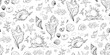 Seamless pattern with seashells, corals and starfishes. Marine background. Vector illustration in sketch style. Perfect for greetings, invitations, wrapping paper, textile, wedding and web design.