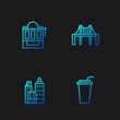 Set line Paper glass with straw, City landscape, Slot machine and Golden gate bridge. Gradient color icons. Vector