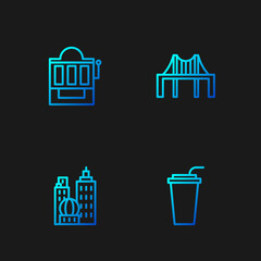 Sticker - Set line Paper glass with straw, City landscape, Slot machine and Golden gate bridge. Gradient color icons. Vector