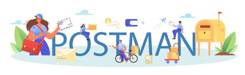 Wall Mural - Postman profession typographic header. Post office staff providing mail service,