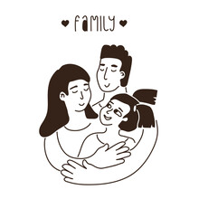 Vector Family Portrait. Man Covers Woman And Child By His Hands. Outline Black White Illustration And Family Text