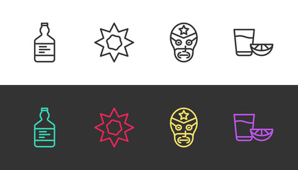 Canvas Print - Set line Tequila bottle, Sun, Mexican wrestler and glass with lemon on black and white. Vector