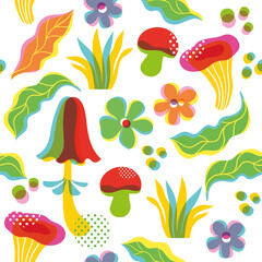 Wall Mural - Seamless pattern with leaves and  mushrooms. Fabric design, summer background