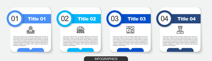 Poster - Set line Railway station, Cargo train wagon, map and Train conductor. Business infographic template. Vector